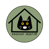 A tuxedo cat in a house-shaped outline with text that reads "Housecat Creative"
