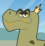 Green cartoon dinosaur T-Rex, with thick eyebrows and a golden crown