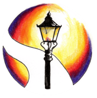 The logo shows an old-fashioned street lamp in a cozy circle of light. There's a lane leading towards the backgrouns and the yellow glow of the lantern fades via orange and red to a deep purple.