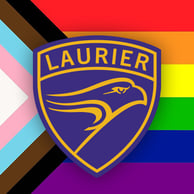 Laurier Crest on Progressive Pride Flag Backdrop