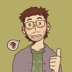 A drawing of a young man with glasses, beard, brown hair. Doing a thumbs up motion.