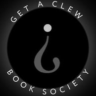 upside down, greyscale question mark, with get a clew book society around it