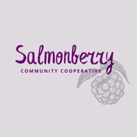 non-profit logo for Salmonberry Community Cooperative with purple font and image of salmonberry with a grey background