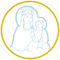 blue line drawing of Madonna and Child surrounded by yellow circle