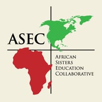African Sisters Education Collaborative (ASEC). A black cross with North America in green in the upper left corner and Africa in red in the lower right corner.