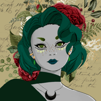 Icon of a person with grey skin and green hair, with roses and floral patterns in the background
