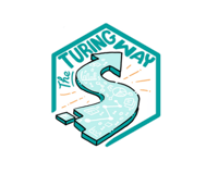 The Turing Way logo. A handrawn image which features a light blue arrow in the shape of an 'S', with mathematical symbols inside 'The Turing Way' is written around the S-shaped arrow.