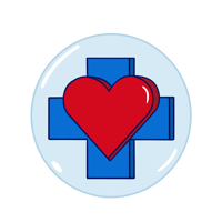 P Fun Logo- blue cross and a red heart inside a light blue bubble.