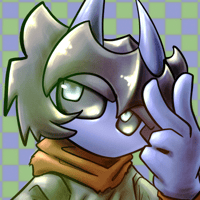 My profile picture, you can see my Oc Mol; He has blue skin, horns, black hair, cyan eyes...wearing a black T-shirt and a red scarf. since I don't know to to describe propertly the pose he is making, I'll say that he is showing his hand doing something like a peace sign but, you are seeing it from the back. he is looking left-up