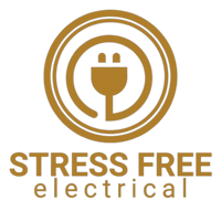 Stress-Free Electrical Logo with a gold color looks like a plug. Electrical Services, Stress-Free, tress-Free Electrical Logo with a bold, modern font.