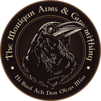 Logo of The Morrigan Arms & Gunsmithing featuring a detailed illustration the raven Badb from Irish mythology. The Irish text "Ní Baol Ach Don Olcas Mise" states the Only Evil Need Fear Me.