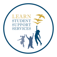 Circular logo with text "Learn Student Support Services" and silhouettes of jumping children.