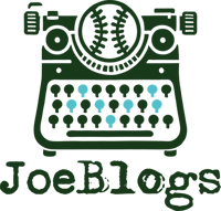 JoeBlogs logo. There is a dark green outline of a typewriter and the name JoeBlogs underneath in a typewriter font. 