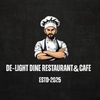 De-Light Dine Restaurant & Cafe logo with chef illustration, ESTD 2025