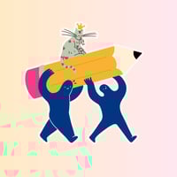 Two human-shaped figures holding a giant pencil with a cat wearing a crown on top.