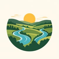 Labertal Guide: symbolische KI-Illustration mit zwei Flüssen, grünen Hügeln und Sonne.