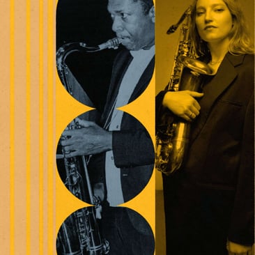 Split-panel collage combining a stacked blue-toned image of a saxophonist playing with a yellow-toned portrait of a woman holding a saxophone, set on a striped yellow background.
