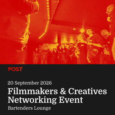 
Poster for the "Filmmakers & Creatives Networking Event" at Bartenders Lounge, 20 September 2026, above a red and yellow halftone image of a crowded street scene.
