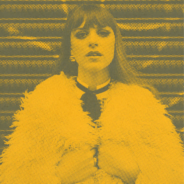 Portrait of singer Chloe Slater rendered in bold yellow and olive halftone, shot from below with a neckerchief-style tie and striped backdrop.
