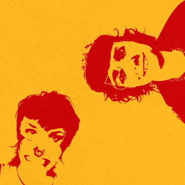 Stylised two-tone illustration of two faces, one upside down, rendered in bold red on a yellow background.
