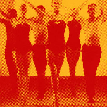 Red and yellow halftone silhouettes of a group of people standing shoulder to shoulder with arms raised.
