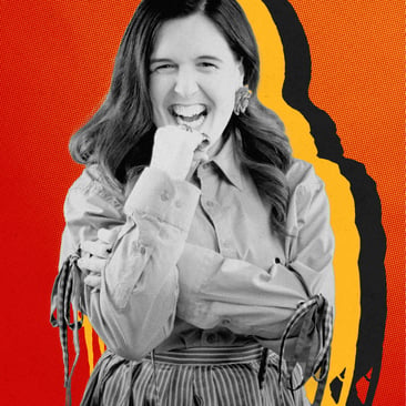 Black and white portrait of comedian Rosie Jones laughing with her hand raised to her mouth, set against a red halftone background with a yellow and black outlined silhouette.
