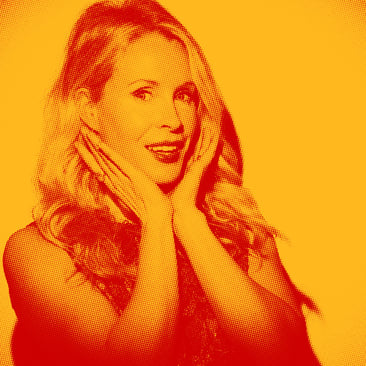 Red and yellow duotone portrait of comedian Lucy Beaumont smiling with her hand resting against her cheek.