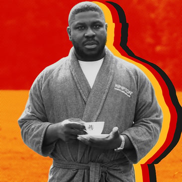 Black and white portrait of musician Bemz in a dressing gown holding a teacup and saucer, set against a red and yellow halftone background with a yellow, red and black outlined silhouette.