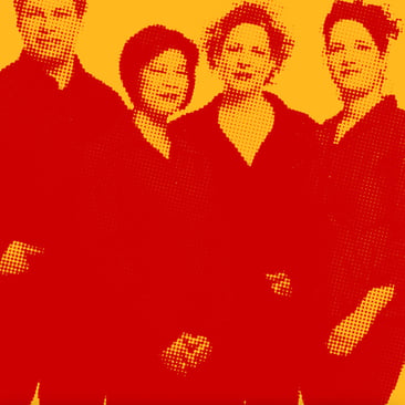 Red and yellow halftone band photo of four people standing together against a plain backdrop.
