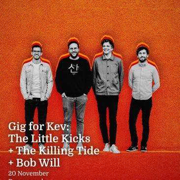 Black and white band photo of The Little Kicks, four members standing smiling with hands in pockets, cut out against a red and orange halftone background.