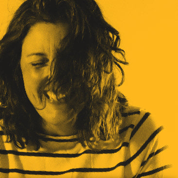 Yellow and black halftone close-up of Eve Mumford with her head tilted down, hair falling across her face, “POST” logo at the bottom.
