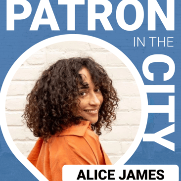 Text: Patron in the City, Alice James, AboutFaceDetroit, with a headshot within a pin icon of a woman with curly hair and an orange shirt looking over her shoulder.