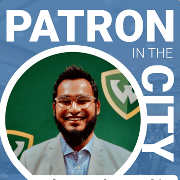 Text: Patron in the City, Mohammad Muntakim, Detroit Youth Health Expo, with a headshot within a pin icon of a young Bangladeshi man smiling. 