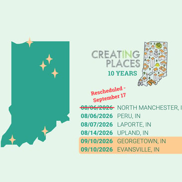 Icon of the state of Indiana with 6 locations starred. Below, CreatINg Places logo with dates and locations of the tour. 9/10/2026 Georgetown, IN and 9/10/2026 Evansville, IN are highlighted. 8/6/2026 has a red strikethrough with red text: Rescheduled - September 17