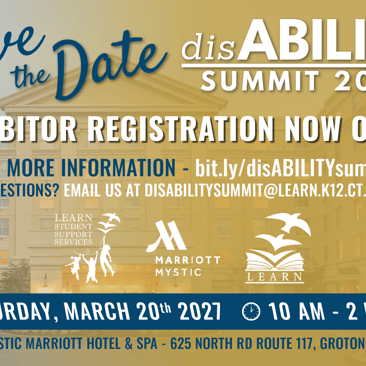 Save the Date — disABILITY Summit 2027: Exhibitor registration now open; Saturday, March 20, 2027, 10 AM–2 PM at Mystic Marriott Hotel & Spa, Groton, CT.