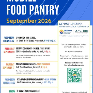 Mobile Food Pantry schedule for September 2026 listing Connecticut stops and times in English