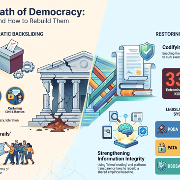 Infographic titled "The Silent Death of Democracy" showing a cracked courthouse and ballot box symbolizing subversion, four behavioral warning signs, people ripping a banner labeled "Unwritten Norms," and proposed fixes like codified guardrails and information integrity.