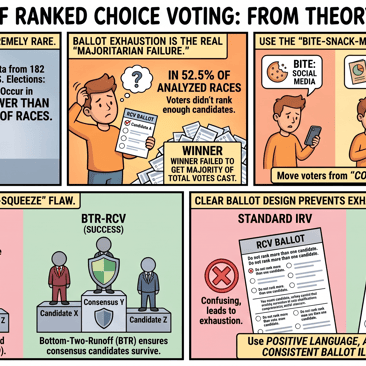 Infographic explaining ranked‑choice voting realities and fixes: theoretical flaws are rare, ballot exhaustion (voters not ranking enough) causes majority failures, and recommended solutions include a Bite‑Snack‑Meal voter education approach, Bottom‑Two‑Runoff RCV, and clearer ballot design.