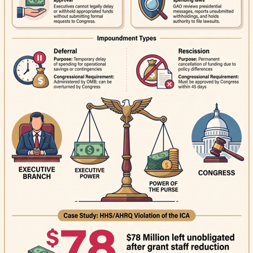 Infographic explaining federal budget impoundment: contrasts executive withholding limits with Congress’s "power of the purse," summarizes Impoundment Control Act rules, deferral vs rescission, GAO oversight, and a case study where HHS left $78M unspent and GAO found illegal withholding.