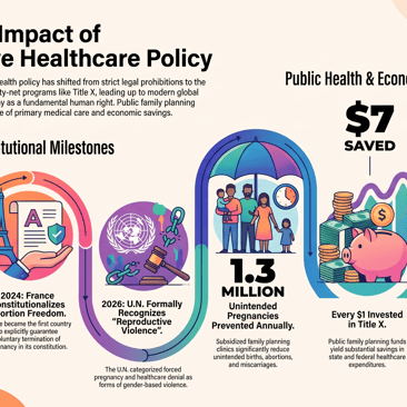 Evolution & Impact of Reproductive Healthcare Policy infographic summarizing legal milestones (Title X, France constitutionalizing abortion, U.N. recognition of reproductive violence) and impacts: 1.3 million unintended pregnancies prevented annually; $7 saved per $1 invested; over 60% use family