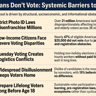 Infographic explaining systemic barriers to U.S. voting: strict photo ID laws (over 21 million lack IDs), low-income voters face obstacles (nearly 47% under $20K didn’t vote), Tuesday workday voting creates logistical conflicts, widespread disillusionment, and need for civic education before 18.