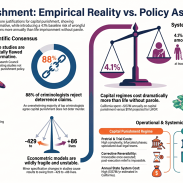 Research summary on capital punishment: decades of studies show deterrence claims are uninformative (88% of criminologists reject them), a 4.1% baseline false-conviction rate among death sentences, and much higher annual costs for death penalty (~$137M vs $11M for LWOP).