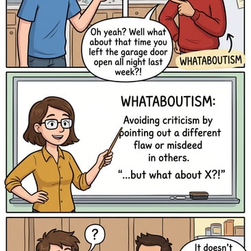 Two people arguing in a kitchen—one says, "Hey, you forgot to take out the trash again!" and the other replies, "What about that time you left the garage door open?" A teacher points to a whiteboard labeled WHATABOUTISM and defines it as avoiding criticism by shifting to another flaw.