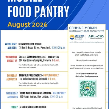 Mobile Food Pantry schedule for August 2026 showing weekly Connecticut pickup sites (Stonington High School; CT State Community College, Three Rivers; Griswold Public Works drive-thru; Ocean Avenue Learning Academy walk-up; St. John’s Christian Church), plus United Way/AFL‑CIO logos in English.