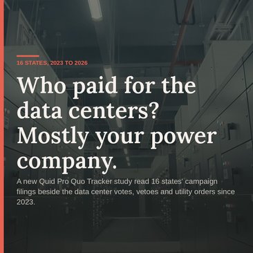 Who paid for the data centers? Mostly your power company. Data center corridor with the Dekleptocracy mark.
