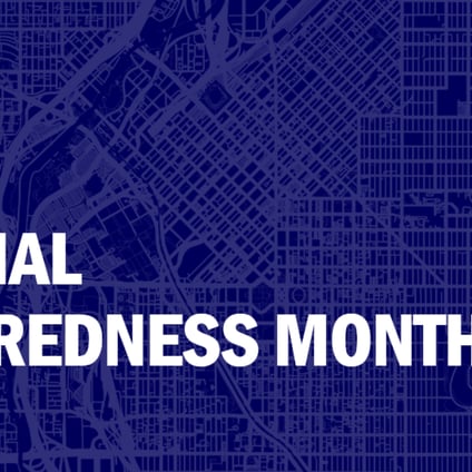 Graphic with a dark blue map background reading “National Preparedness Month,” alongside the Auraria Campus Office of Emergency Management logo and the Auraria Campus logo.
