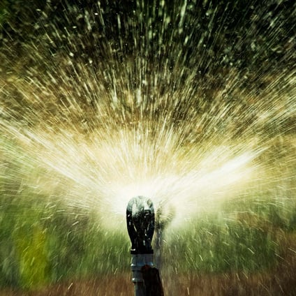 Close-up of a lawn sprinkler spraying water in a wide arc across green grass, with droplets captured in motion.