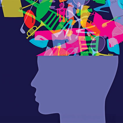 A stylized purple silhouette of a human head in profile, with colorful abstract objects and symbols (musical instruments, sports equipment, books, geometric shapes, and figures) bursting from the top.