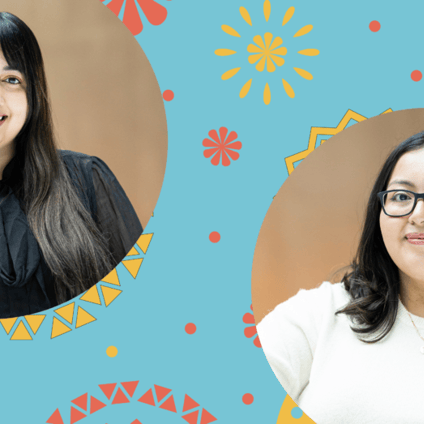 Two women are shown in separate circular portraits against a turquoise background decorated with colorful geometric and floral patterns. The woman on the left has long dark hair and wears a black blouse with a bow at the neck; the woman on the right wears glasses and a white top.