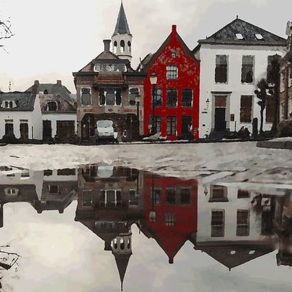 Winter Village with Red House and Reflection Greeting Card by Shelli Fitzpatrick 